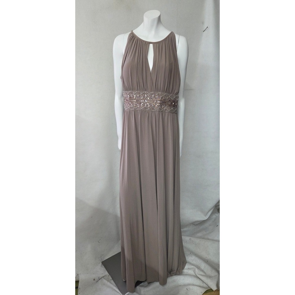 R&M Richards Maxi Dress Women 16 Taupe Beaded Waist Halter Keyhole Gown‎ Wedding